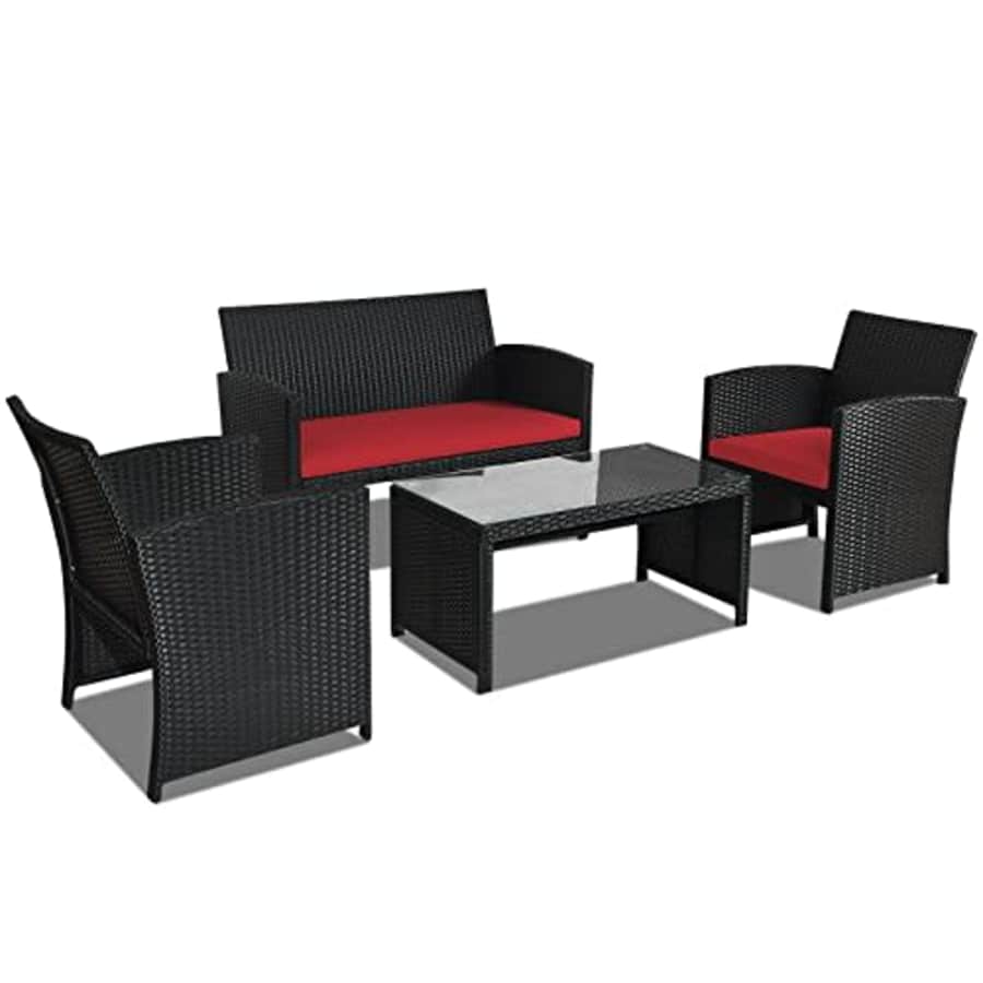 Goplus Rattan Patio Furniture Set 4 Pieces, Outdoor Wicker Conversation Sofa and Table Set with for $210
