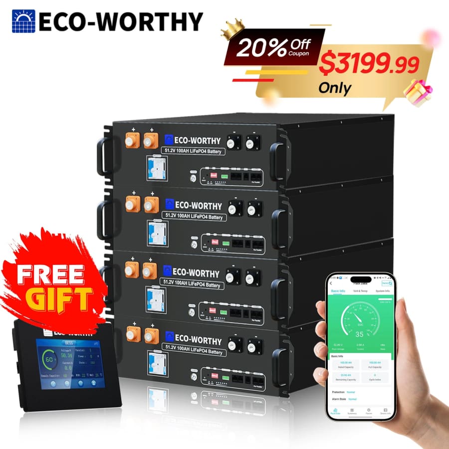 Eco-Worthy 20.48kWh 48V 100AH Server Rack LiFePO4 V3 Lithium Battery 4-Pack for $3,200 Eco-Worthy 20.48kWh 48V 100AH Server Rack LiFePO4 V3 Lithium Battery 4-Pack for $3,200