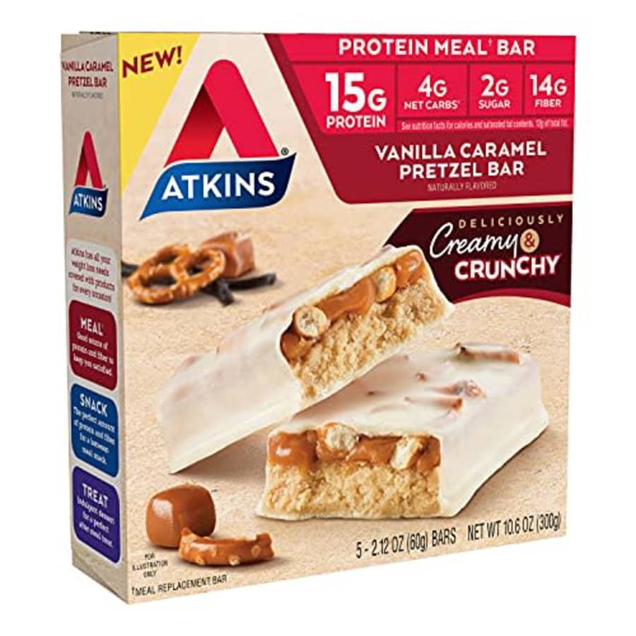Atkins Vanilla Caramel Pretzel Protein Meal Bar, Keto Friendly, 5 Count for $11