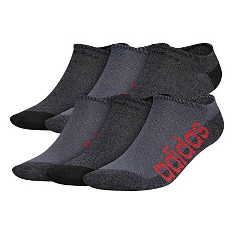 adidas mens Superlite Linear No Show Socks (6-Pair) Onix Grey/Black/Scarlet Red, Large for $16 adidas mens Superlite Linear No Show Socks (6-Pair) Onix Grey/Black/Scarlet Red, Large for $16