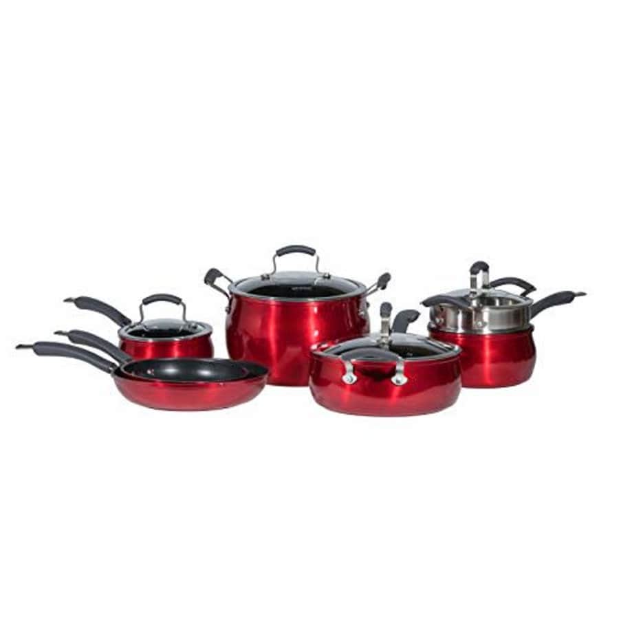 Epicurious Cookware Collection- Dishwasher Safe Oven Safe, Nonstick Aluminum 11 Piece Red Cookware for $280