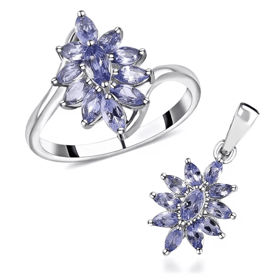 2.1-tcw. Tanzanite Flower Jewelry Set in Platinum Plated Sterling Silver for $60