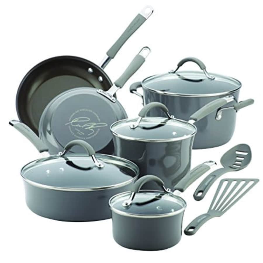 Rachael Ray Cucina Nonstick Cookware Pots and Pans Set, 12 Piece, Sea Salt Gray for $142 Rachael Ray Cucina Nonstick Cookware Pots and Pans Set, 12 Piece, Sea Salt Gray for $142