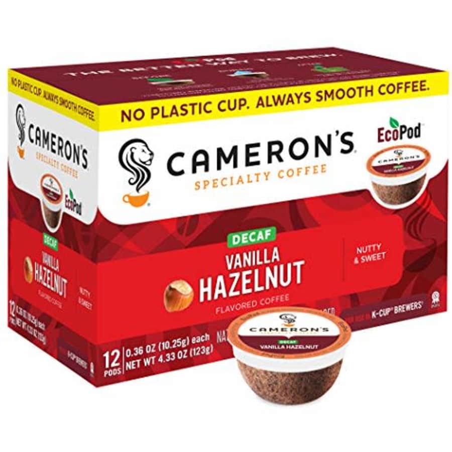 Cameron's Coffee Single Serve Pods, Flavored, Decaf Vanilla Hazelnut, 12 Count (Pack of 6) for $36 Cameron's Coffee Single Serve Pods, Flavored, Decaf Vanilla Hazelnut, 12 Count (Pack of 6) for $36