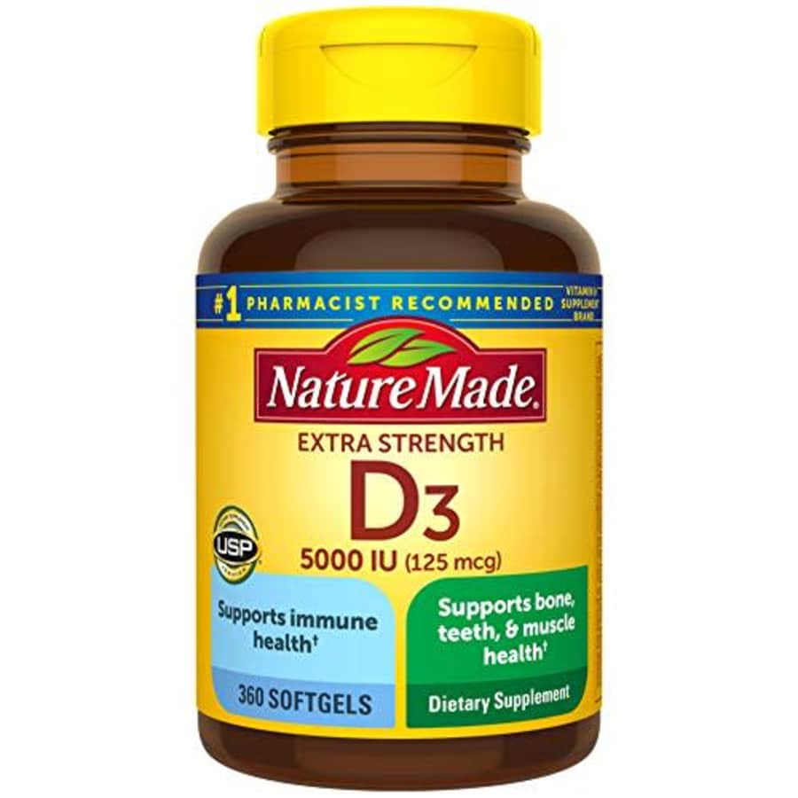 Nature Made Extra Strength Vitamin D3 5000 IU Softgels (125 mcg), 360 Count for Bone Health Value for $51 Nature Made Extra Strength Vitamin D3 5000 IU Softgels (125 mcg), 360 Count for Bone Health Value for $51