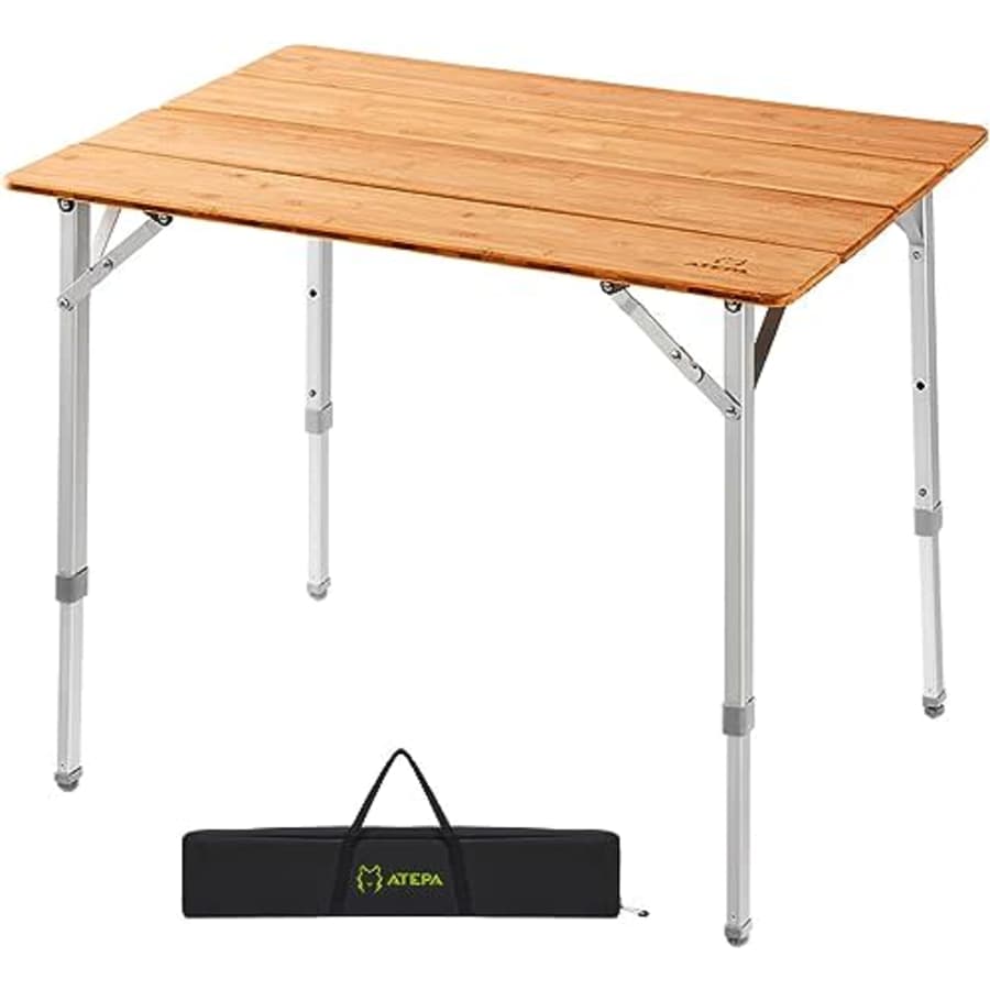 ATEPA Bamboo Folding Camping Table with Adjustable Height Aluminum Legs Small Coffee Table Patio for $112