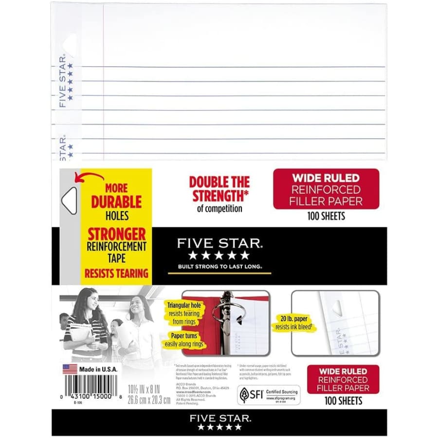 Five Star Wide Ruled Loose Leaf Paper 100-Sheet Pack for $7
