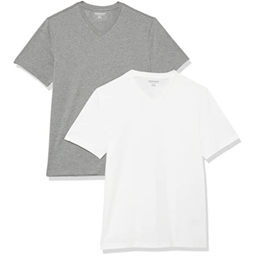 Amazon Essentials Men's Slim-Fit Short-Sleeve V-Neck T-Shirt, Pack of 2, Grey Heather/White, X-Large for $16 Amazon Essentials Men's Slim-Fit Short-Sleeve V-Neck T-Shirt, Pack of 2, Grey Heather/White, X-Large for $16