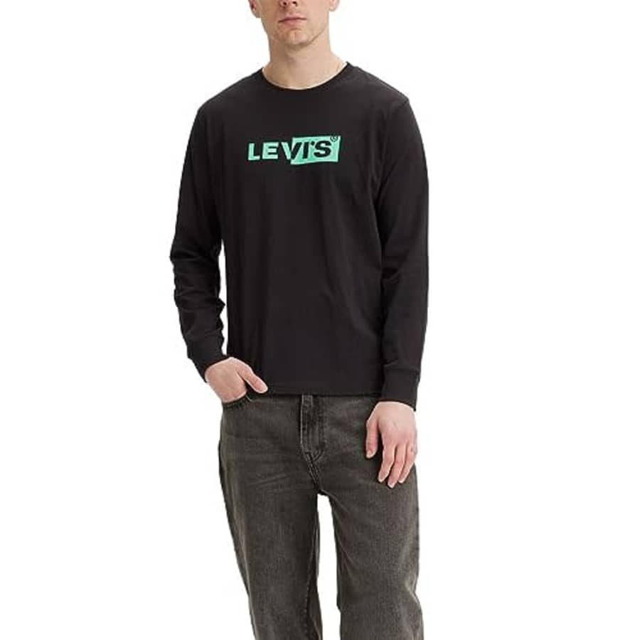 Levi's Men's Relaxed Graphic Long Sleeve T-Shirt, (New) Boxtab Caviar, Small for $15