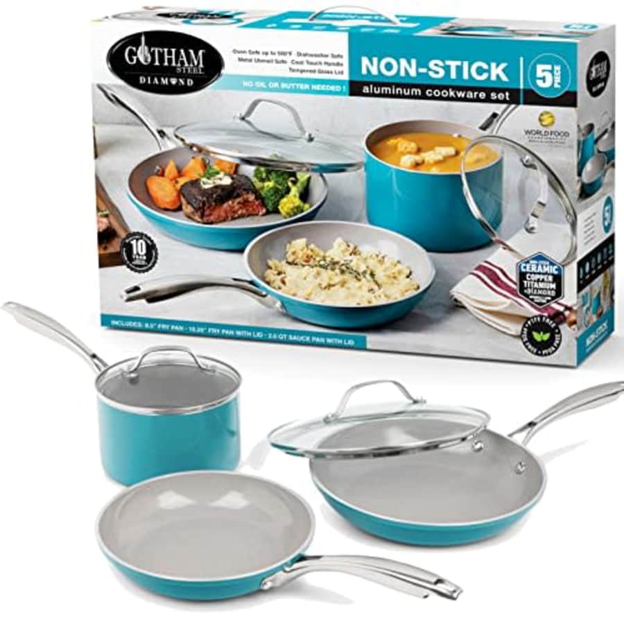 Gotham Steel Aqua Blue Nonstick Ceramic 5 Piece Cookware Set with Ceramic Coating, Stainless Steel for $47 Gotham Steel Aqua Blue Nonstick Ceramic 5 Piece Cookware Set with Ceramic Coating, Stainless Steel for $47