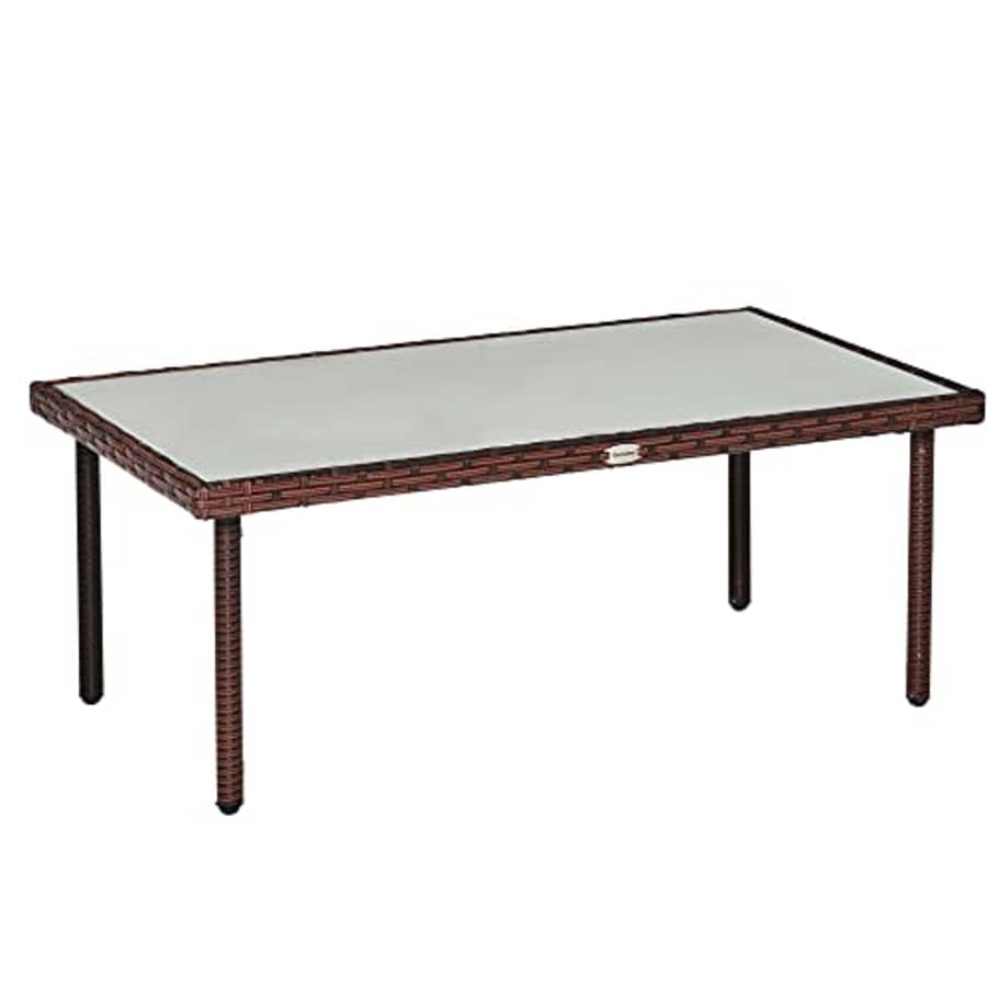 Outsunny Rattan Wicker Dining Table with Glass Top, Outdoor Coffee Table with Hand Woven for for $100