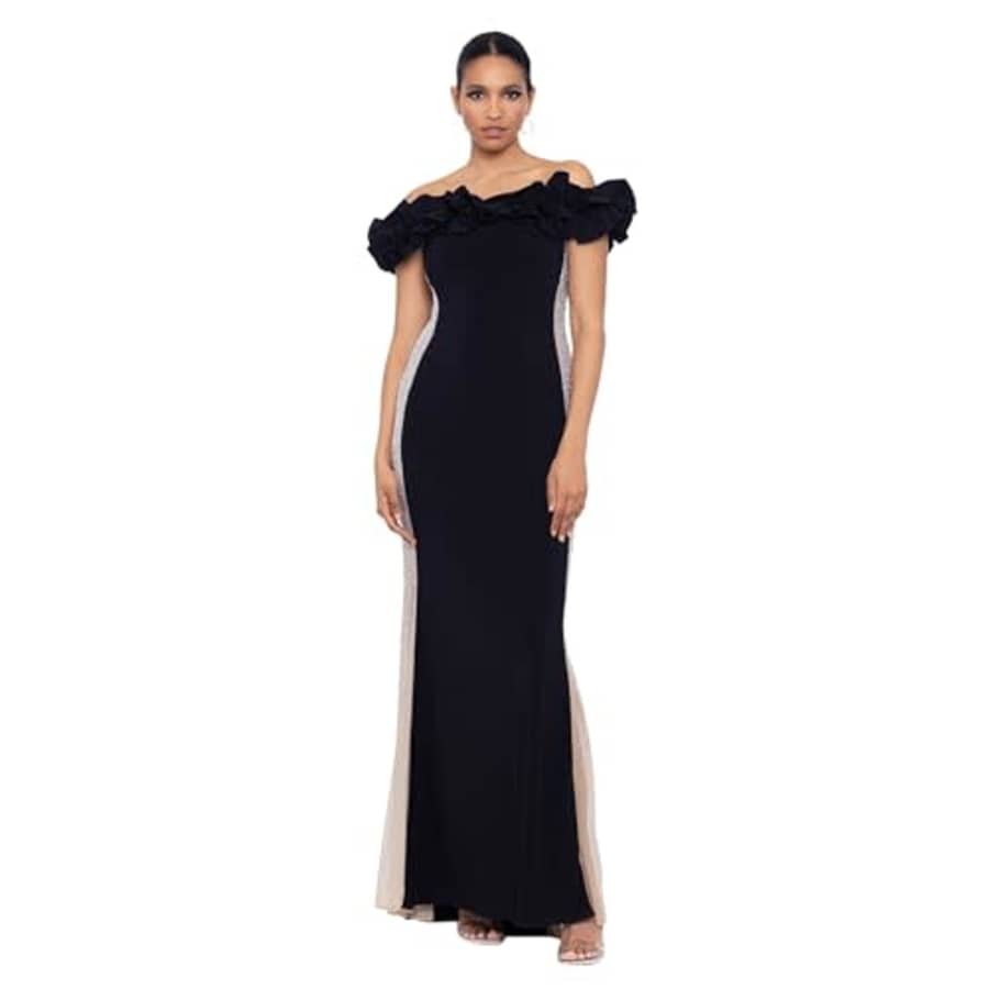 Xscape Women's Long Off The Shoulder Ruffle Beaded Mesh Back Dress, Black Nude Silver for $245 Xscape Women's Long Off The Shoulder Ruffle Beaded Mesh Back Dress, Black Nude Silver for $245