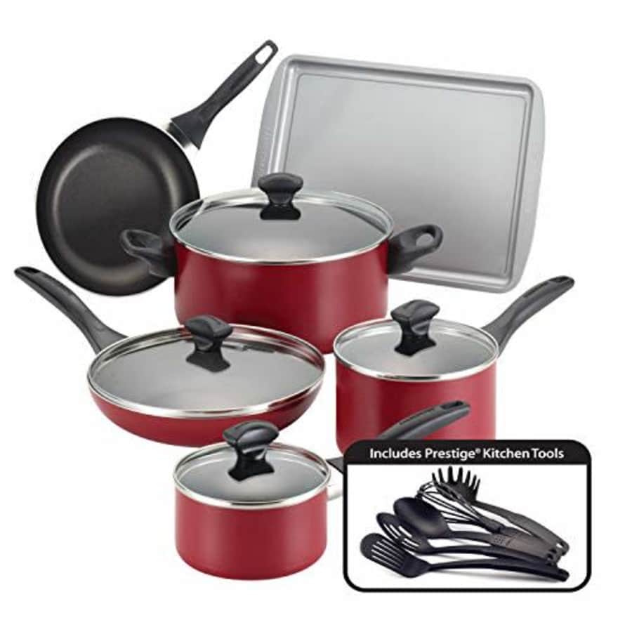 Farberware Dishwasher Safe Nonstick Cookware Pots and Pans Set, 15 Piece, Red for $72 Farberware Dishwasher Safe Nonstick Cookware Pots and Pans Set, 15 Piece, Red for $72