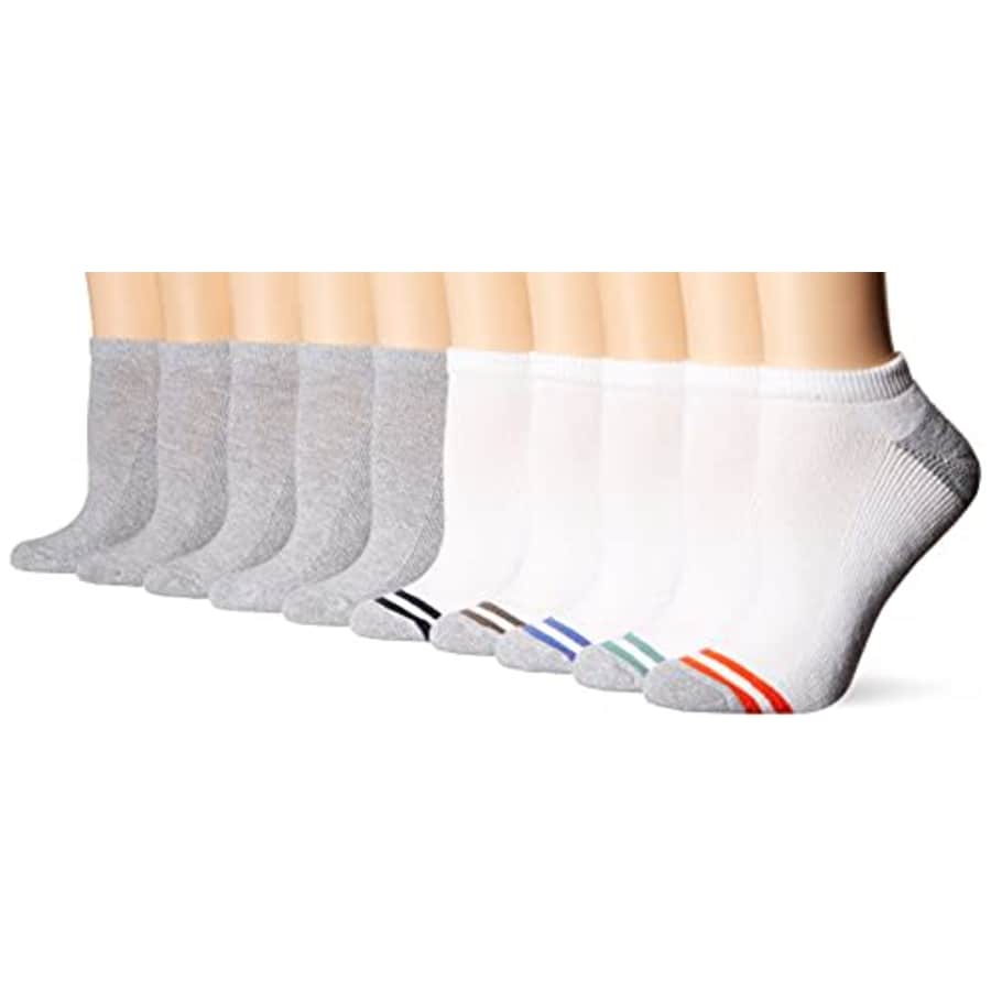 Amazon Essentials Women's Cotton Lightly Cushioned No-Show Socks, Pack of 10, Grey Heather, 6-9 for $15