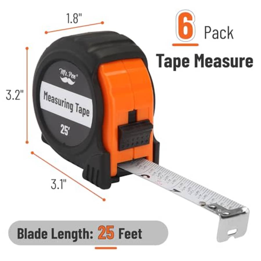 Mr. Pen- Tape Measure, 25-Foot, 6 pcs, Orange, Steel Measuring Tape, Tape Measure with Fractions, for $25 Mr. Pen- Tape Measure, 25-Foot, 6 pcs, Orange, Steel Measuring Tape, Tape Measure with Fractions, for $25