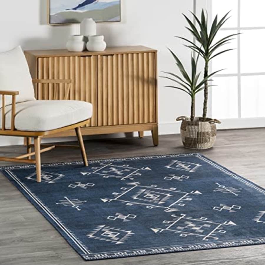 nuLOOM Evalyn Southwestern Machine Washable Ultra Thin Area Rug, 4' x 6', Navy for $35