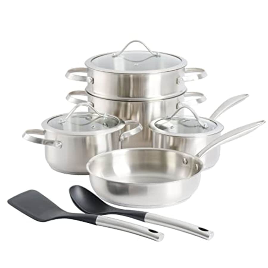 Kenmore Aiden 10 Piece Brushed Stainless Steel Pots and Pans Cookware Set with Kitchen Tools for $63