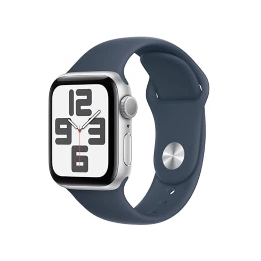 Apple Watch SE (2nd Gen) [GPS 40mm] Smartwatch with Silver Aluminum Case with Storm Blue Sport Band for $189