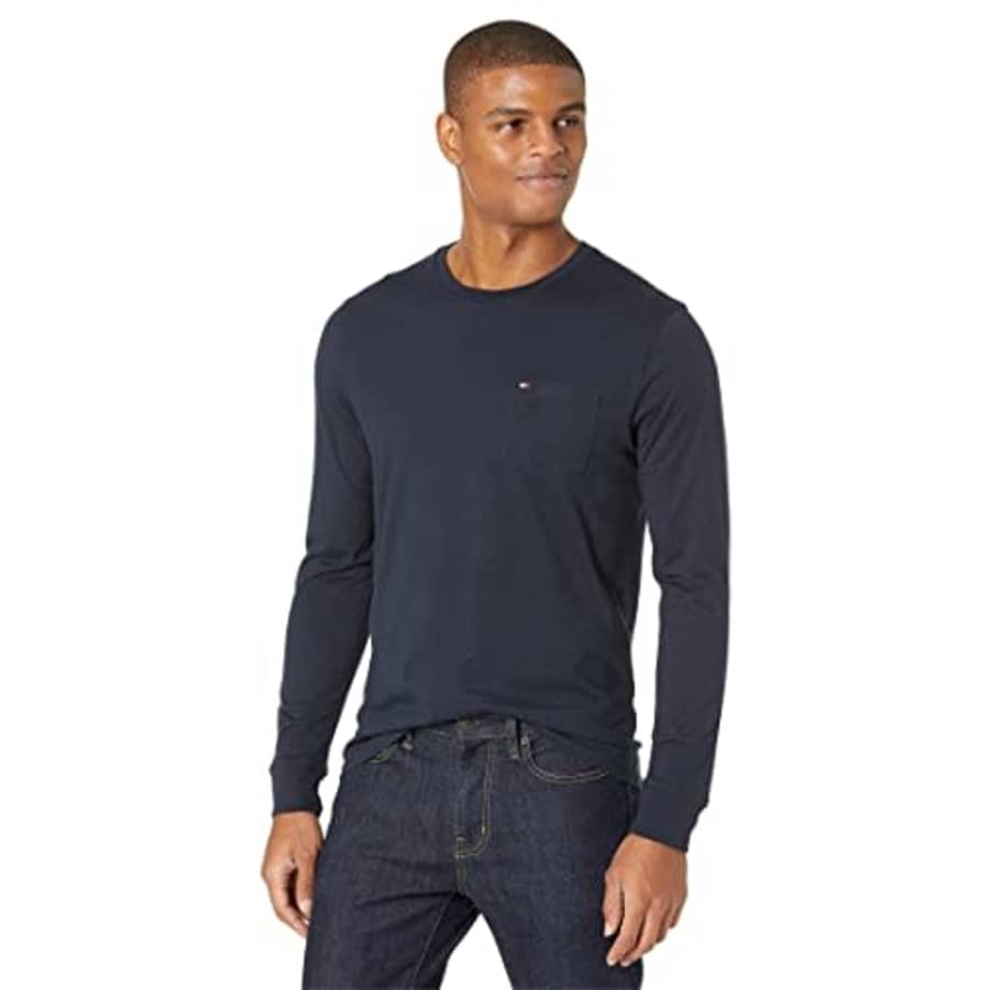Tommy Hilfiger Men's Long Sleeve T Shirt with Pocket, Sky Captain, XS for $26