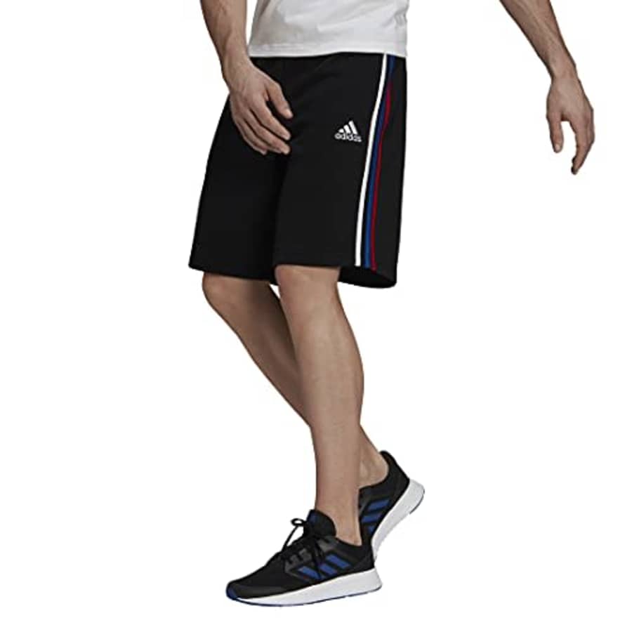 adidas Men's Standard Essentials Fleece 3-Stripes Shorts, Black/White/Team Royal Blue/Scarlet, for $33 adidas Men's Standard Essentials Fleece 3-Stripes Shorts, Black/White/Team Royal Blue/Scarlet, for $33