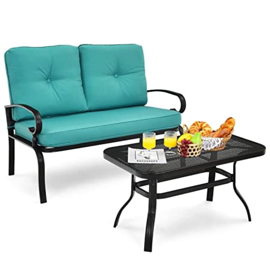 Giantex Patio Loveseat with Coffee Table Outdoor Bench with Cushion and Metal Frame, Loveseat Porch for $140