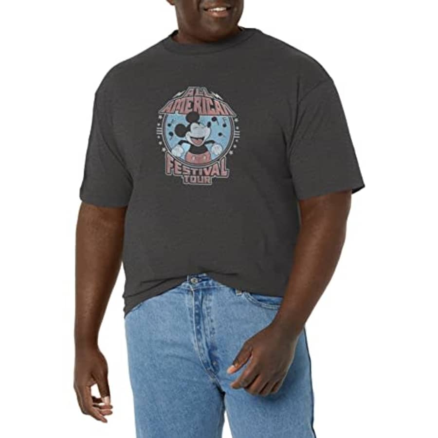 Disney Big & Tall Classic Mickey American Tour Men's Tops Short Sleeve Tee Shirt, Charcoal Heather, for $20