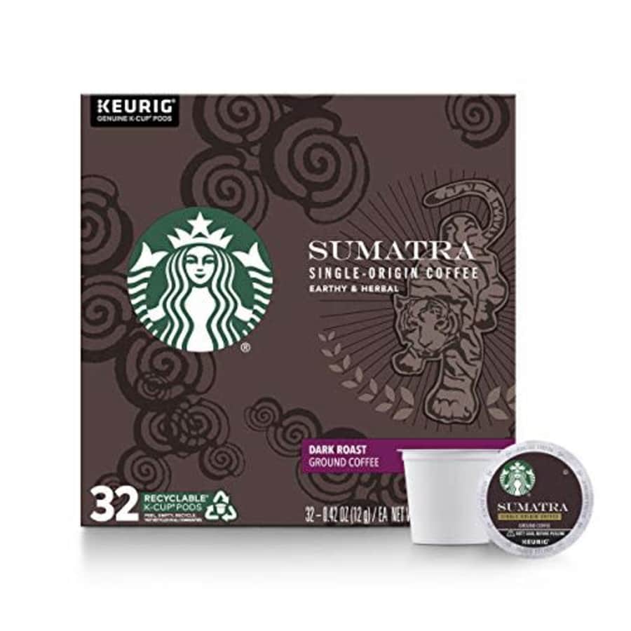 Starbucks Dark Roast K-Cup Coffee Pods Sumatra for Keurig Brewers 1 box (32 pods) for $24 Starbucks Dark Roast K-Cup Coffee Pods Sumatra for Keurig Brewers 1 box (32 pods) for $24
