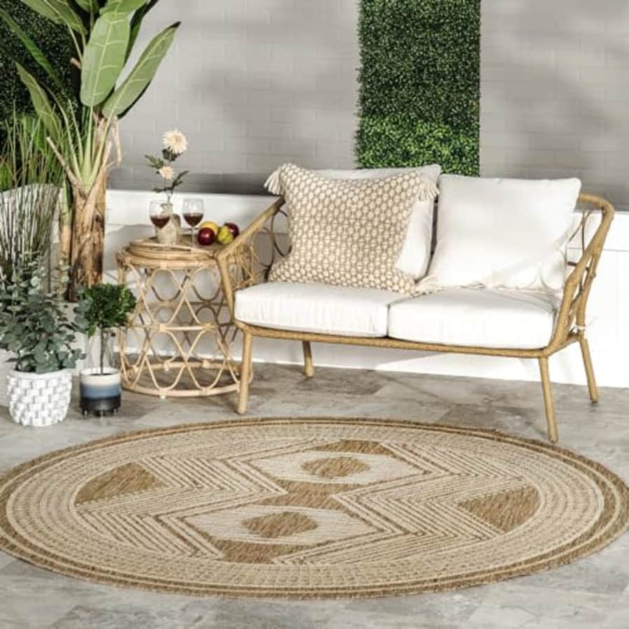 nuLOOM 7 Round Outdoor/Indoor Ranya Tribal Area Rug, Light Brown, Geometric Design, Stain for $60