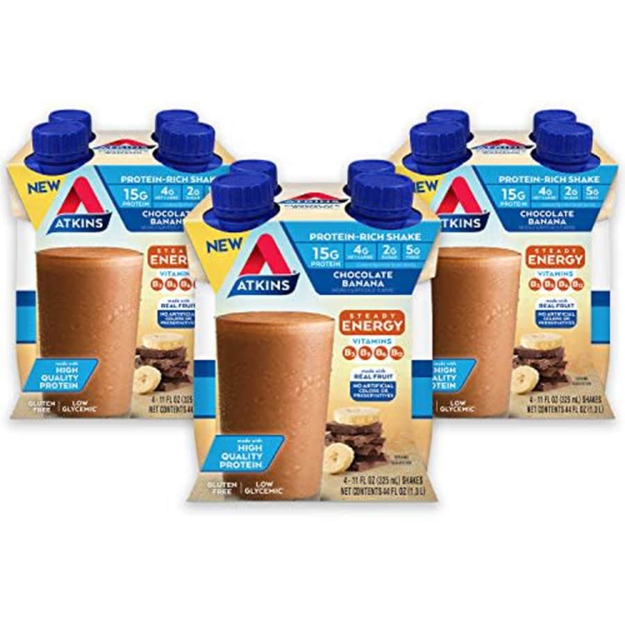 Atkins Chocolate Banana Protein-Rich Shake. With B Vitamins and High-Quality Protein. Made with for $17 Atkins Chocolate Banana Protein-Rich Shake. With B Vitamins and High-Quality Protein. Made with for $17