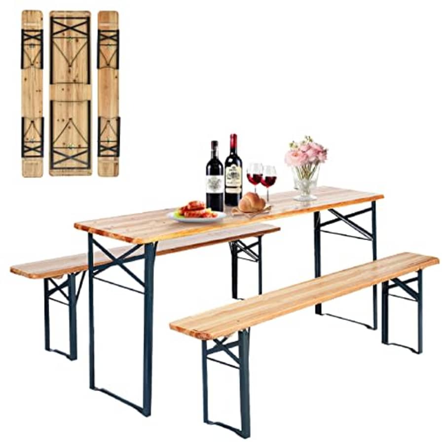 Tangkula 3 Piece Folding Picnic Table Bench Set, Foldable Wood Picnic Table with 2 Benches with for $130 Tangkula 3 Piece Folding Picnic Table Bench Set, Foldable Wood Picnic Table with 2 Benches with for $130