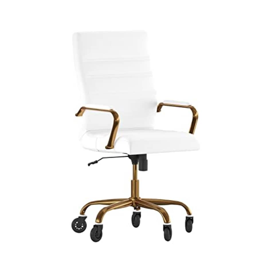 Flash Furniture Whitney High Back White LeatherSoft Executive Swivel Office Chair with Gold Frame, for $198 Flash Furniture Whitney High Back White LeatherSoft Executive Swivel Office Chair with Gold Frame, for $198