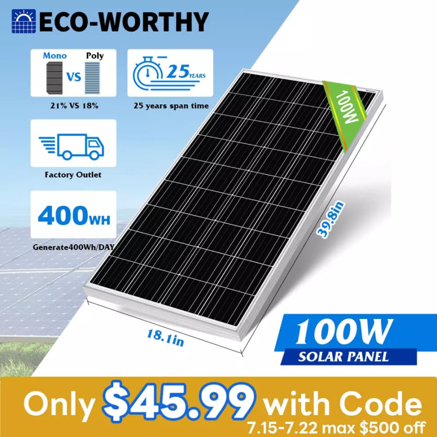 Eco-Worthy 100W 12V Monocrystalline Solar Panel for $46