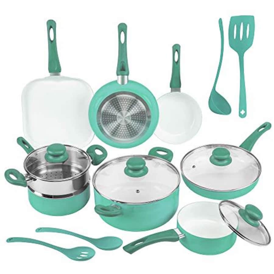 Ivation Ceramic Cookware | 16-Piece Nonstick Cookware Set with Induction Base, SoftGrip Handles & for $100