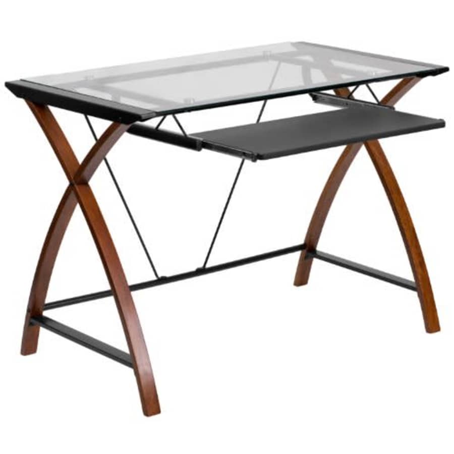 Flash Furniture Jude Tempered Glass Computer Desk with Pull-Out Keyboard Tray and Crisscross Frame, for $99 Flash Furniture Jude Tempered Glass Computer Desk with Pull-Out Keyboard Tray and Crisscross Frame, for $99