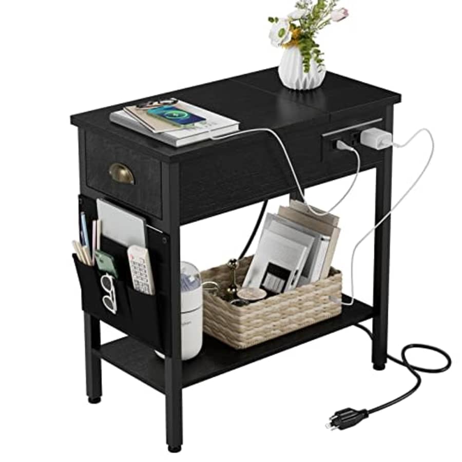 Idealhouse 23 " Black End Side Table Living Room with Charging Station,Narrow Couch Table With Storage for $64