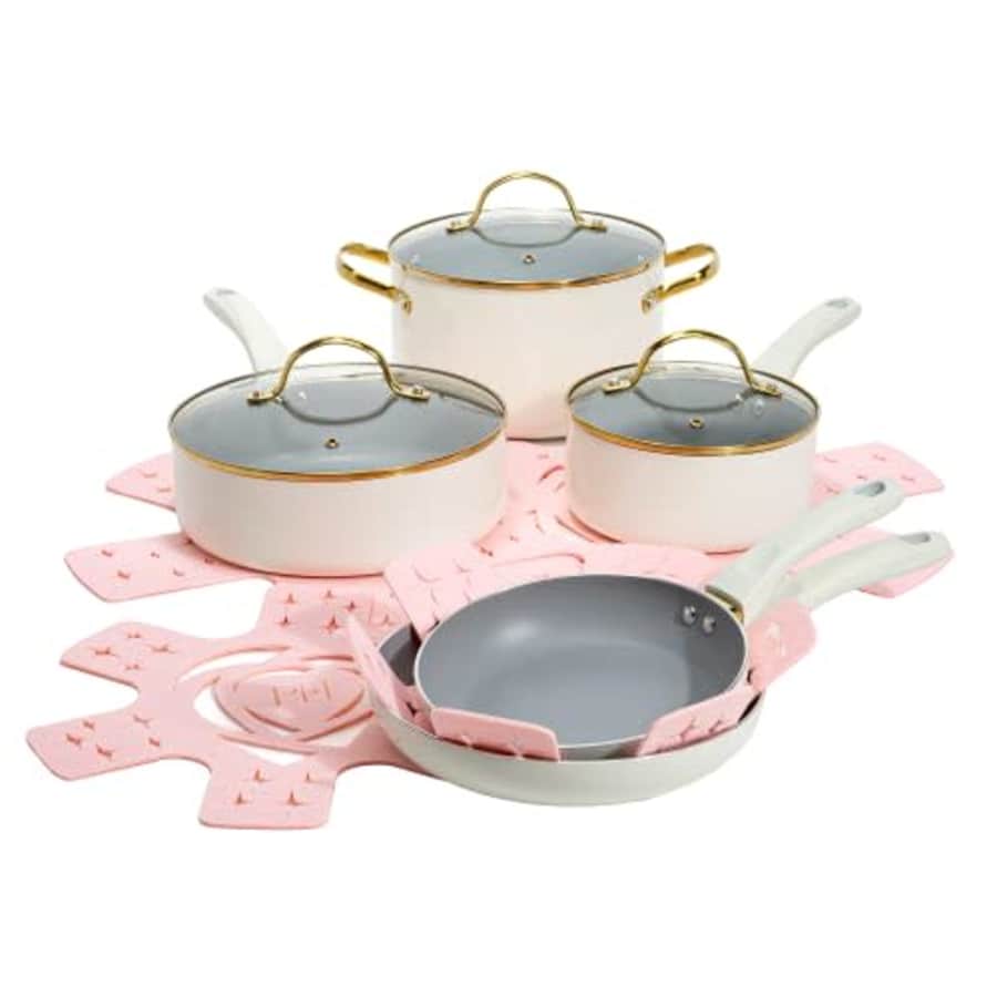 Paris Hilton Epic Nonstick Pots and Pans Set, Multi-layer Nonstick Coating, Tempered Glass Lids, for $100 Paris Hilton Epic Nonstick Pots and Pans Set, Multi-layer Nonstick Coating, Tempered Glass Lids, for $100
