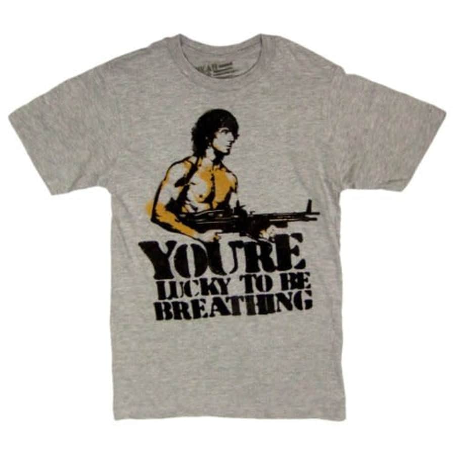 American Classics Men's Rambo Lucky To Breathe T-Shirt,Grey Heather,Small for $17 American Classics Men's Rambo Lucky To Breathe T-Shirt,Grey Heather,Small for $17