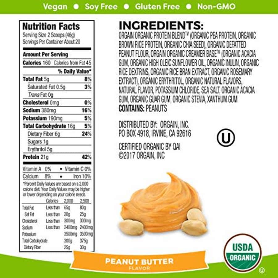 Orgain Organic Plant Based Protein Powder, Peanut Butter - Vegan, Low Net Carbs, Non Dairy, Gluten for $35