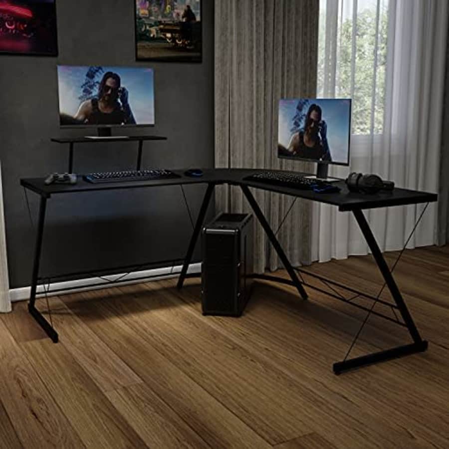 Flash Furniture Corner Desk - Black/Black Space Saving L-Shaped Gaming Desk with Monitor Shelf - for $112 Flash Furniture Corner Desk - Black/Black Space Saving L-Shaped Gaming Desk with Monitor Shelf - for $112