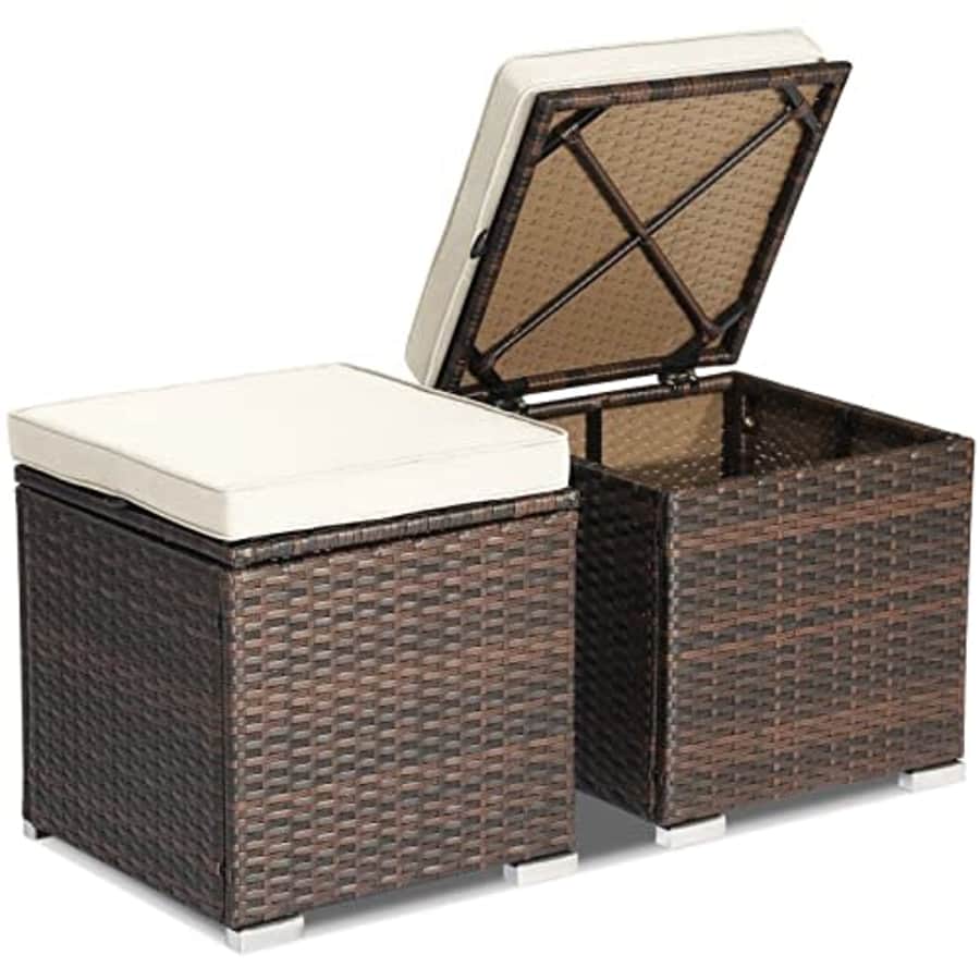 Tangkula 2 Pieces Patio Ottomans, Patiojoy Hand-Woven PE Rattan Side Table with Removable Cushion & for $85