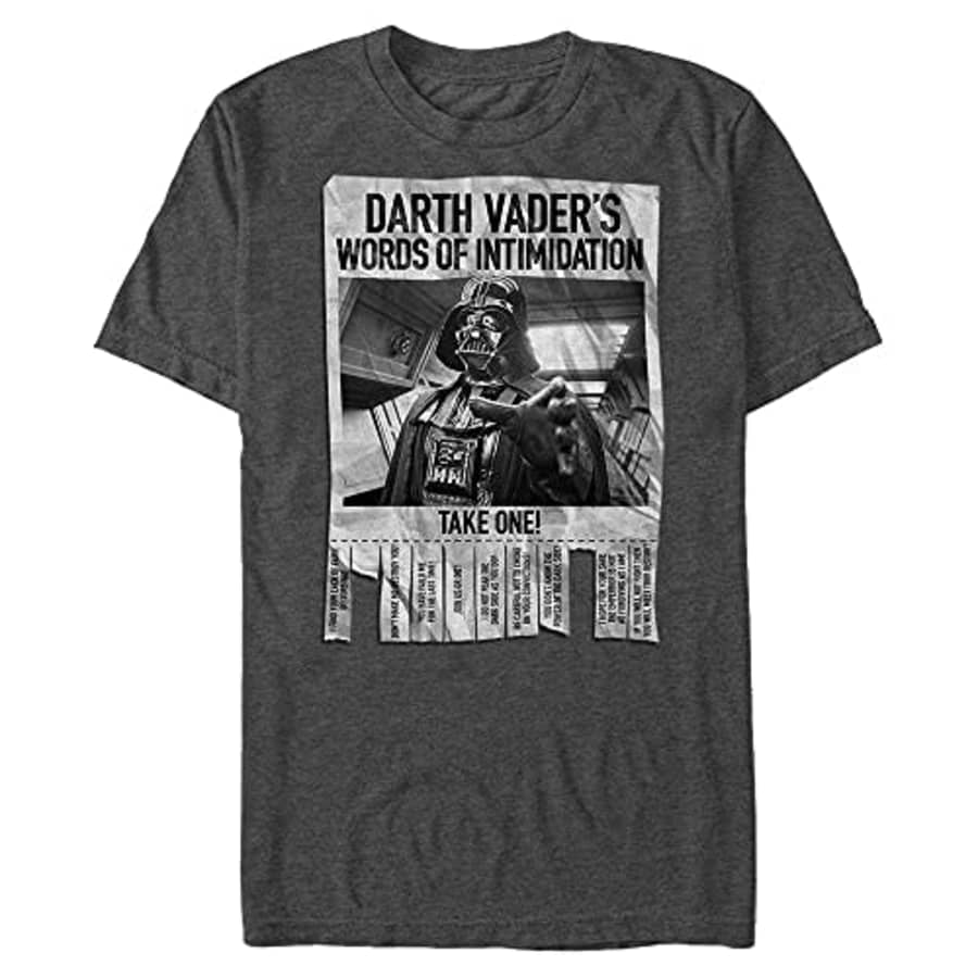 Star Wars Men's Words of Intimidation T-Shirt, Charcoal Heather, 3X-Large for $18 Star Wars Men's Words of Intimidation T-Shirt, Charcoal Heather, 3X-Large for $18