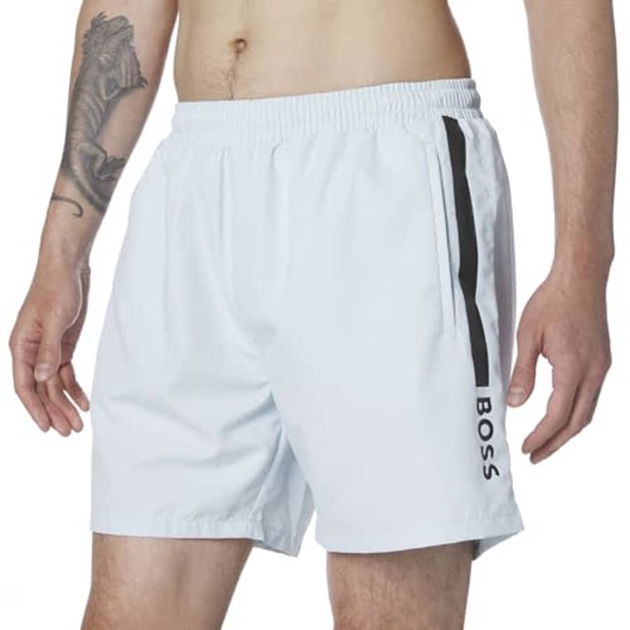 BOSS Men's Standard Vertical Logo Swim Trunks, blue blush for $64