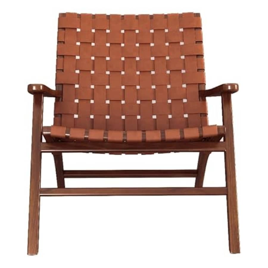 Pemberly Row Mid-Century Leather Tight Back Lounge Chair in Cognac Tan/Walnut for $393