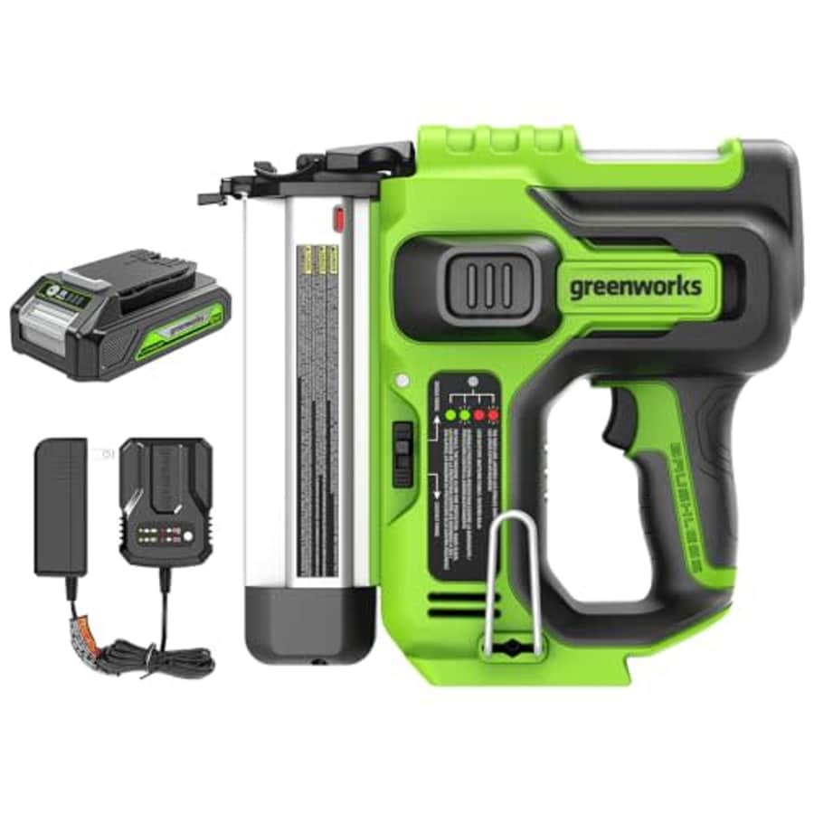 Greenworks 24V 18GA Brushless Brad Nailer Kit, Cordless Staple Gun, Electric Nail Stapler with 2Ah for $160 Greenworks 24V 18GA Brushless Brad Nailer Kit, Cordless Staple Gun, Electric Nail Stapler with 2Ah for $160