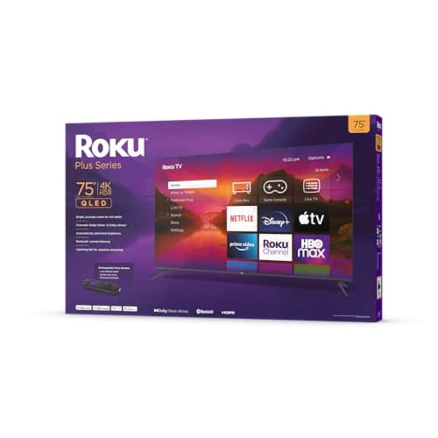 Roku 75" Plus Series 4K Dolby Vision HDR10+ QLED Smart TV Voice Remote Pro, Striking 4K Resolution, for $800 Roku 75" Plus Series 4K Dolby Vision HDR10+ QLED Smart TV Voice Remote Pro, Striking 4K Resolution, for $800