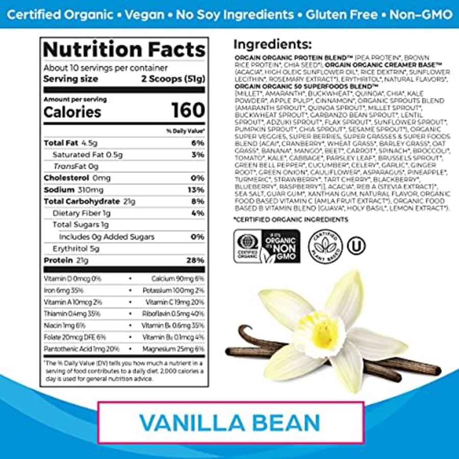 Orgain Organic Protein + Superfoods Powder, Vanilla Bean - 21g of Protein, Vegan, Plant Based, 5g for $22 Orgain Organic Protein + Superfoods Powder, Vanilla Bean - 21g of Protein, Vegan, Plant Based, 5g for $22