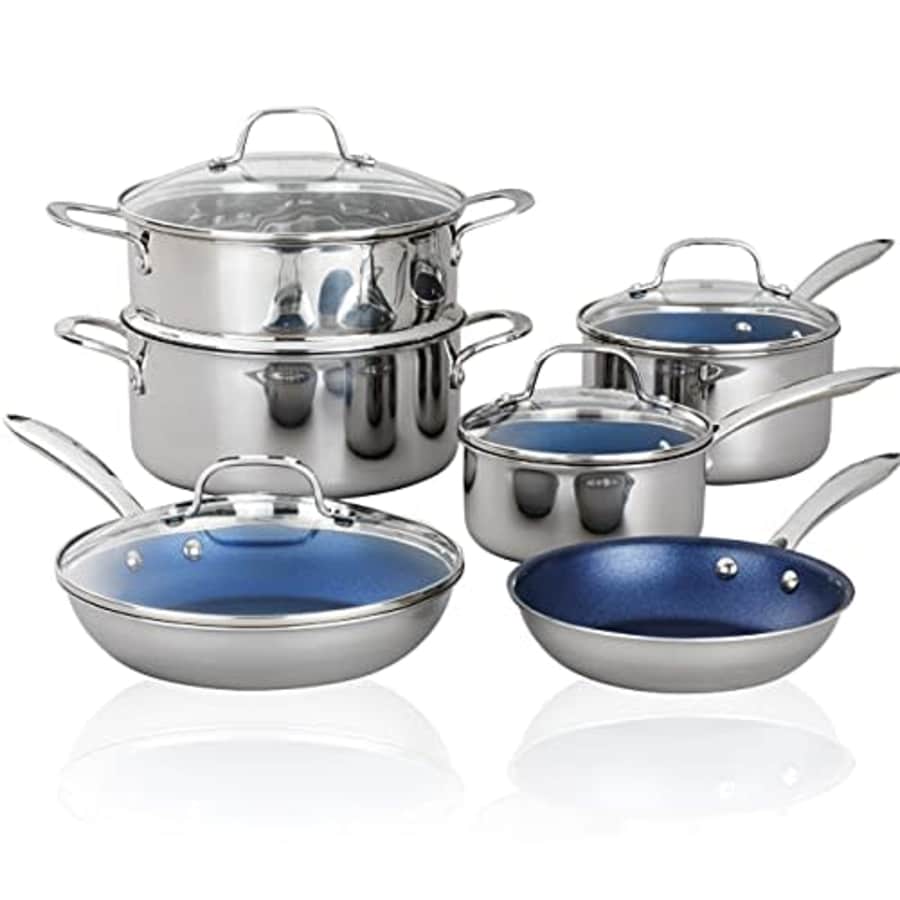 Granitestone Blue Nonstick Cookware Set, Tri-Ply Base, Stainless Steel Pots & Pans Set, 5 Piece for $150 Granitestone Blue Nonstick Cookware Set, Tri-Ply Base, Stainless Steel Pots & Pans Set, 5 Piece for $150