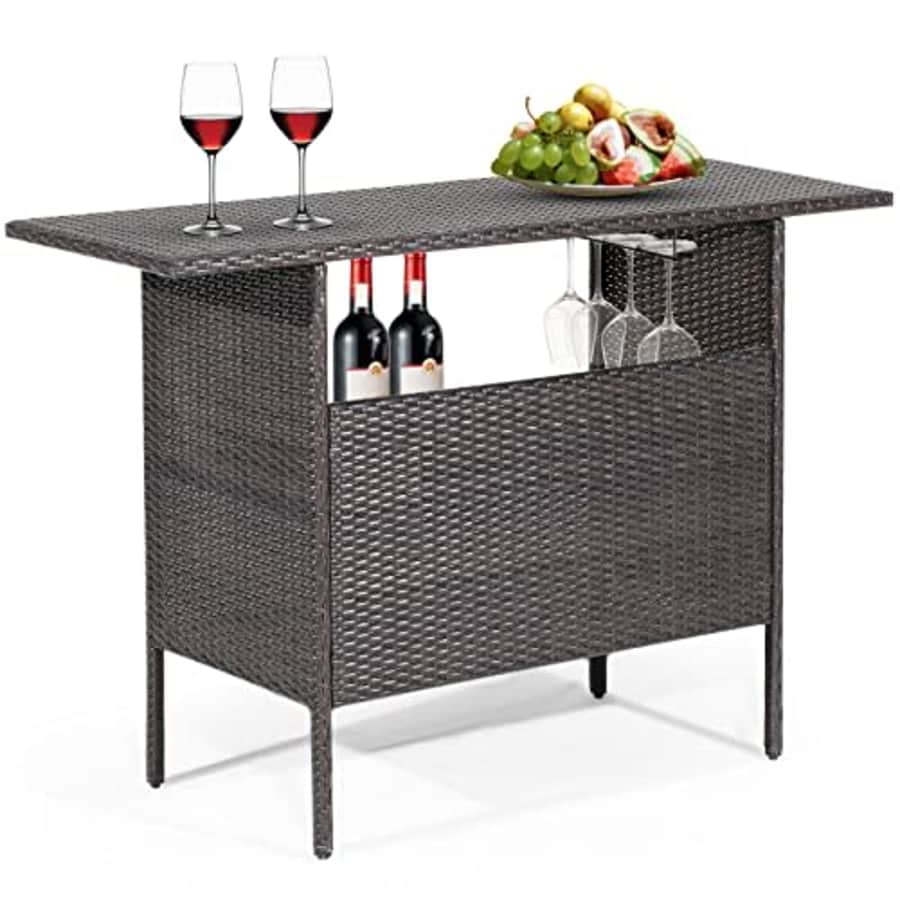 Tangkula Outdoor Wicker Bar Table, Patiojoy All Weather Patio Bar Height Table with 2 Metal Mesh for $140