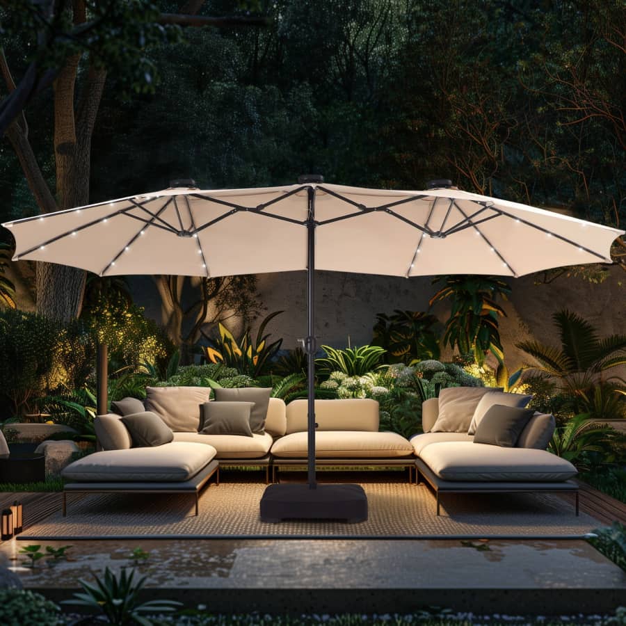Alpha Joy 15-Foot Double Sided Patio Umbrella w/ Solar Lights & Base for $190 Alpha Joy 15-Foot Double Sided Patio Umbrella w/ Solar Lights & Base for $190