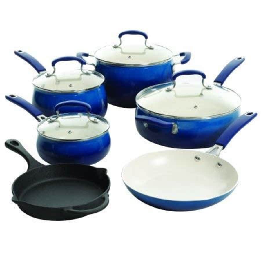 The Pioneer Woman Cobalt Cookware with Porcelain, Set of 10 for $69